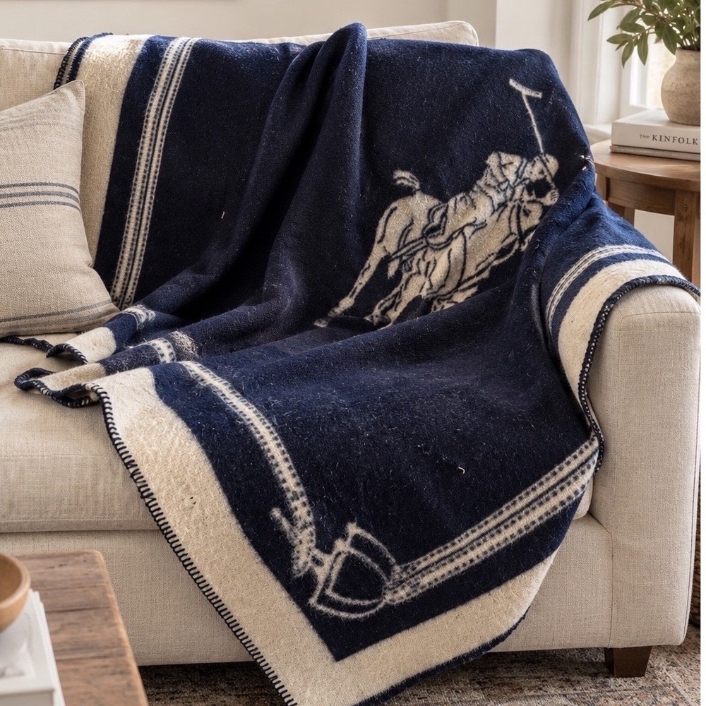 Ralph Lauren Wool Blanket 62x65 Navy Cream Reversible Polo Player Swiss *READ*